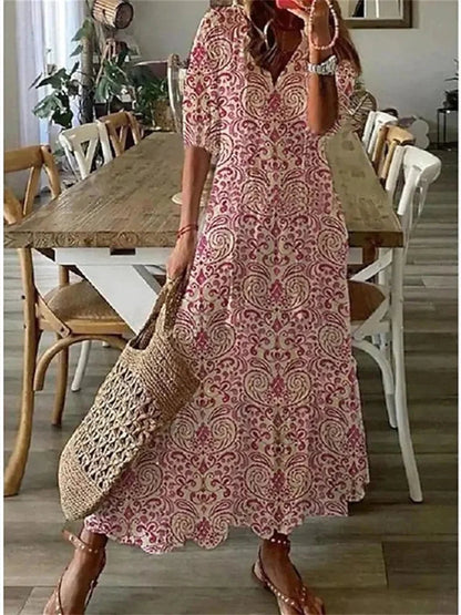 Femme Robe Maxi Bohème à Imprimé Floral avec Col en V et Manches Courtes