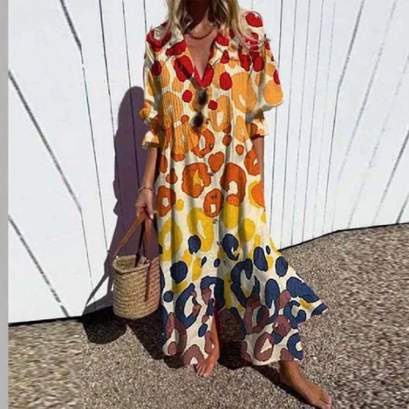 Femme Robe Maxi Bohème avec Col en V et Imprimé Artistique