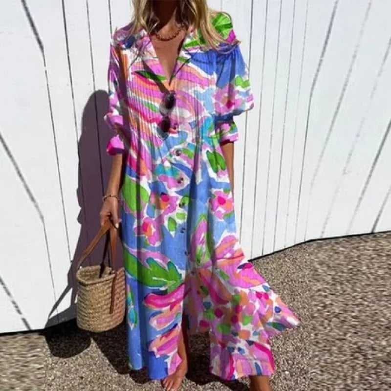 Femme Robe Maxi Bohème avec Col en V et Imprimé Artistique