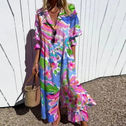 Femme Robe Maxi Bohème avec Col en V et Imprimé Artistique