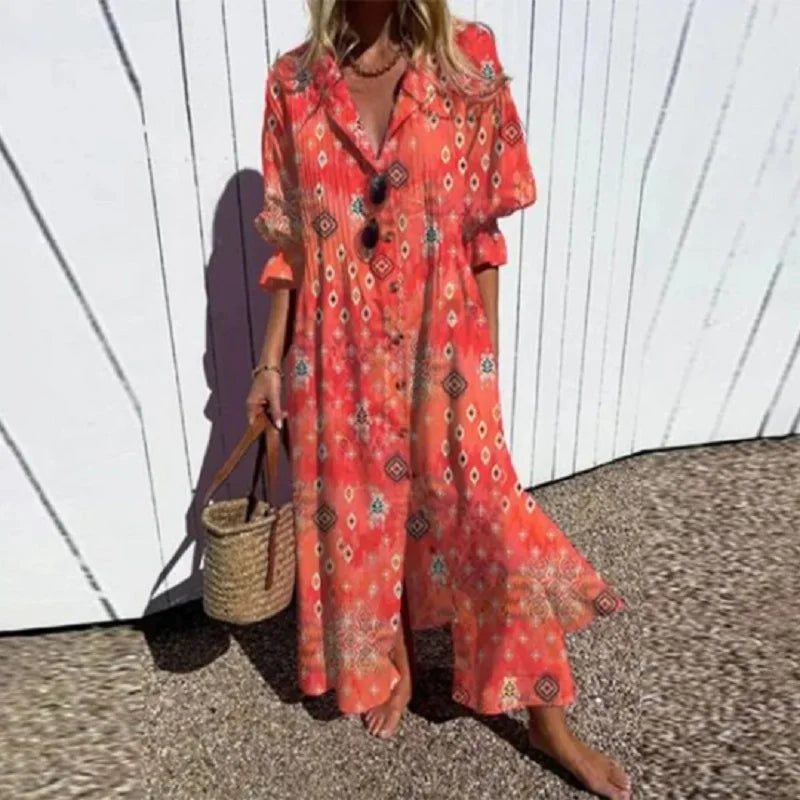 Femme Robe Maxi Bohème avec Col en V et Imprimé Artistique