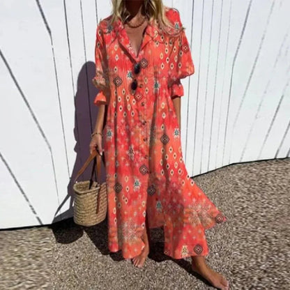 Femme Robe Maxi Bohème avec Col en V et Imprimé Artistique