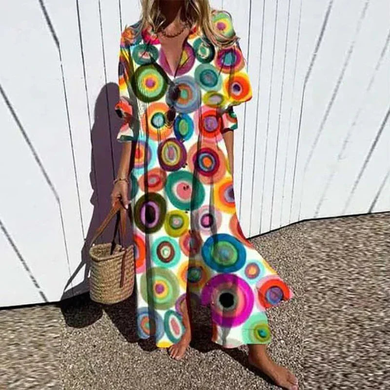 Femme Robe Maxi Bohème avec Col en V et Imprimé Artistique