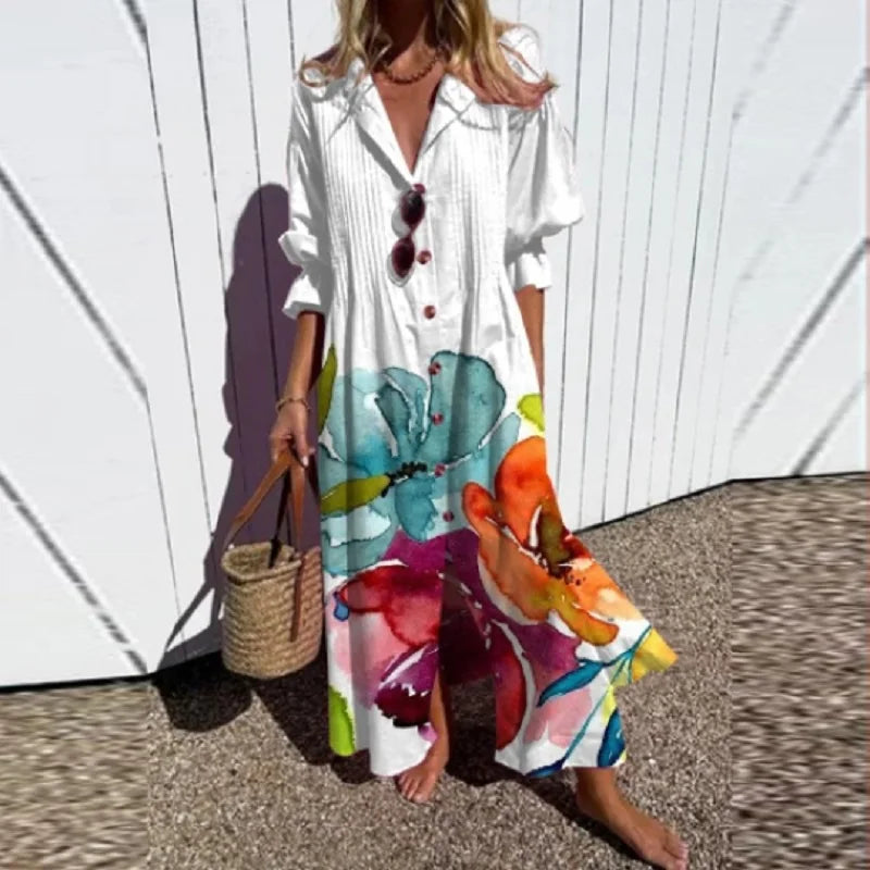 Femme Robe Maxi Bohème avec Col en V et Imprimé Artistique