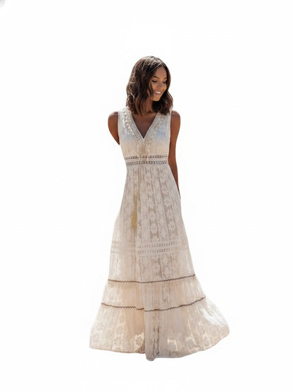 Femme Robe Maxi Bohème sans Manches avec Col en V et Fente Avant