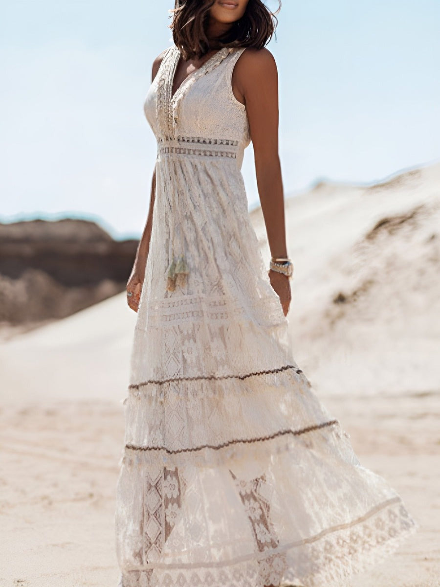 Femme Robe Maxi Bohème sans Manches avec Col en V et Fente Avant