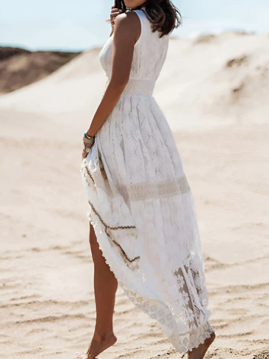 Femme Robe Maxi Bohème sans Manches avec Col en V et Fente Avant