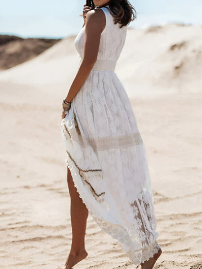 Femme Robe Maxi Bohème sans Manches avec Col en V et Fente Avant