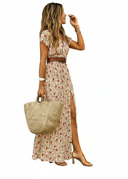 Femme Robe Maxi Boho à Manches Courtes avec Col en V et Fente