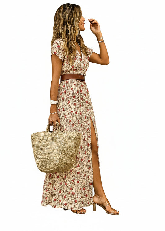 Femme Robe Maxi Boho à Manches Courtes avec Col en V et Fente