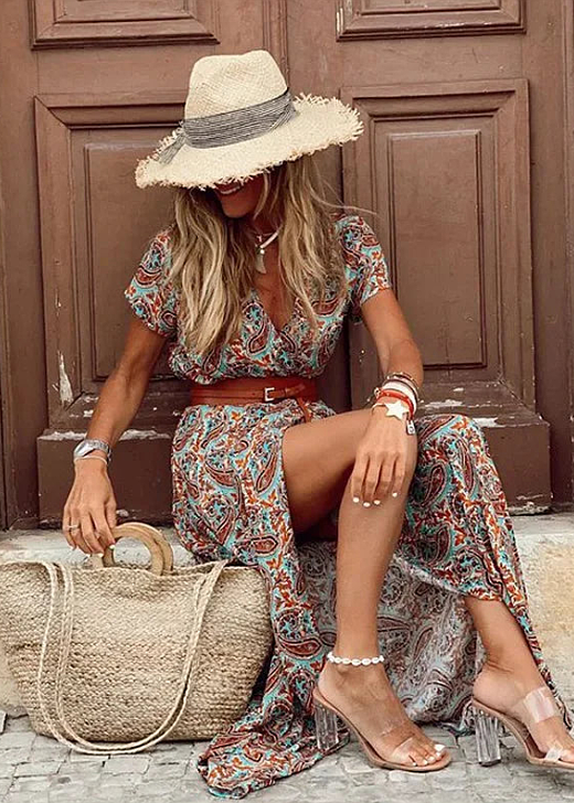 Femme Robe Maxi Boho à Manches Courtes avec Col en V et Fente