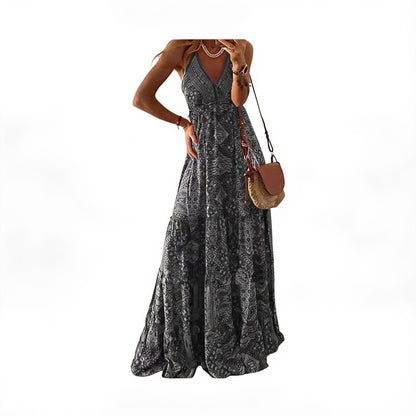 Femme Robe Maxi Boho sans Manches avec Col en V et Imprimé Ethnique