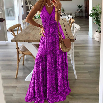 Femme Robe Maxi Boho sans Manches avec Col en V et Imprimé Ethnique