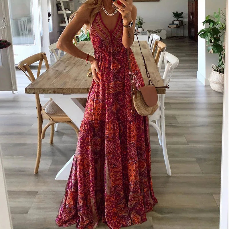 Femme Robe Maxi Boho sans Manches avec Col en V et Imprimé Ethnique