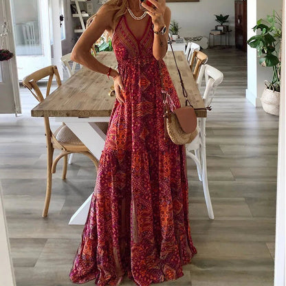 Femme Robe Maxi Boho sans Manches avec Col en V et Imprimé Ethnique
