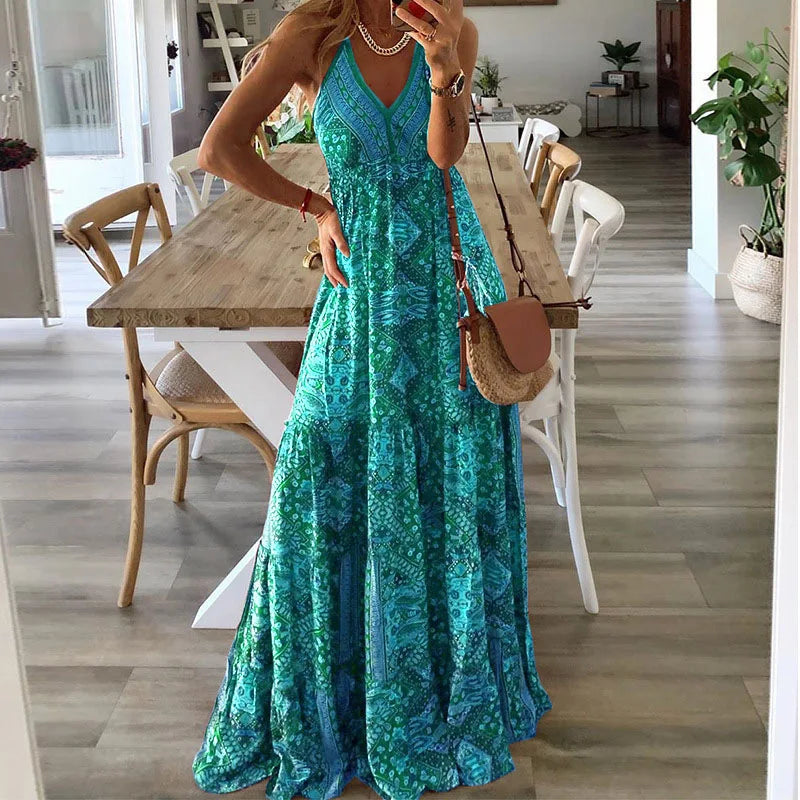 Femme Robe Maxi Boho sans Manches avec Col en V et Imprimé Ethnique