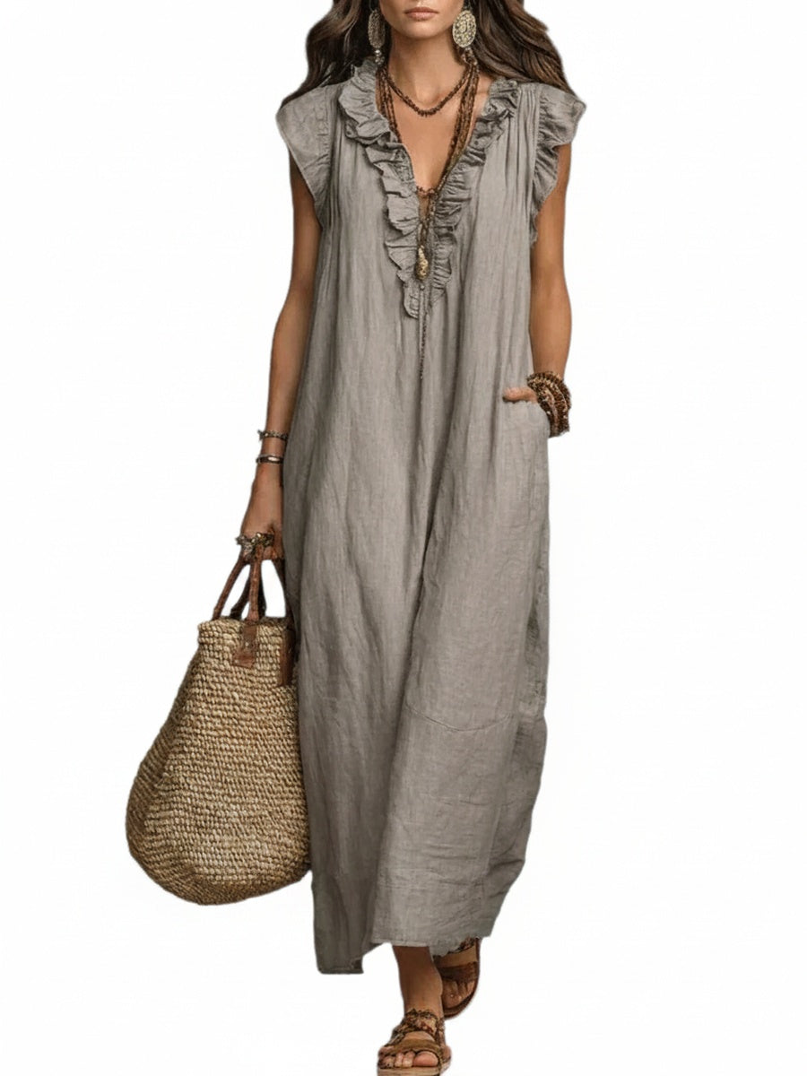 Femme Robe Maxi Boho sans Manches avec Col V à Volants et Poches