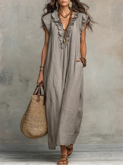 Femme Robe Maxi Boho sans Manches avec Col V à Volants et Poches