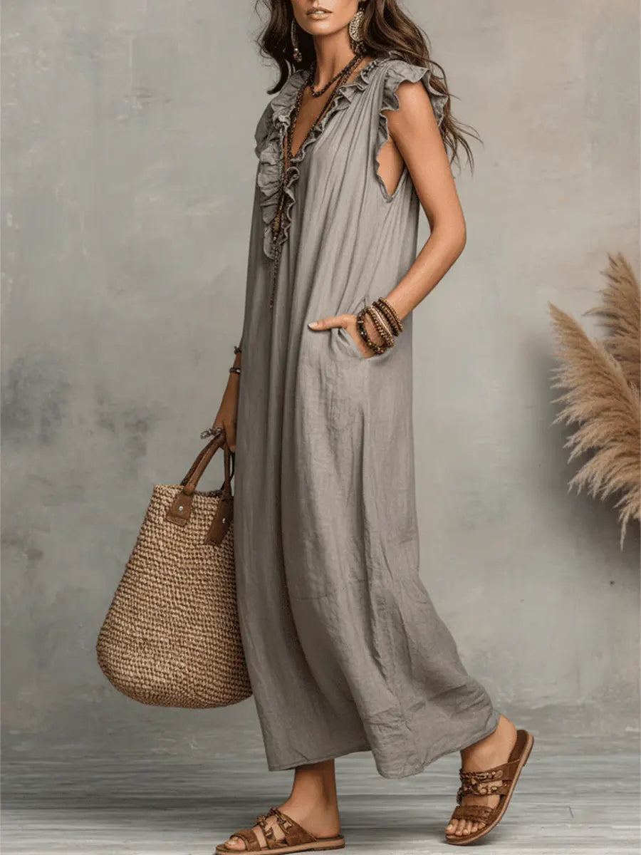 Femme Robe Maxi Boho sans Manches avec Col V à Volants et Poches