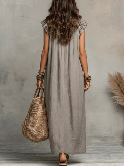 Femme Robe Maxi Boho sans Manches avec Col V à Volants et Poches