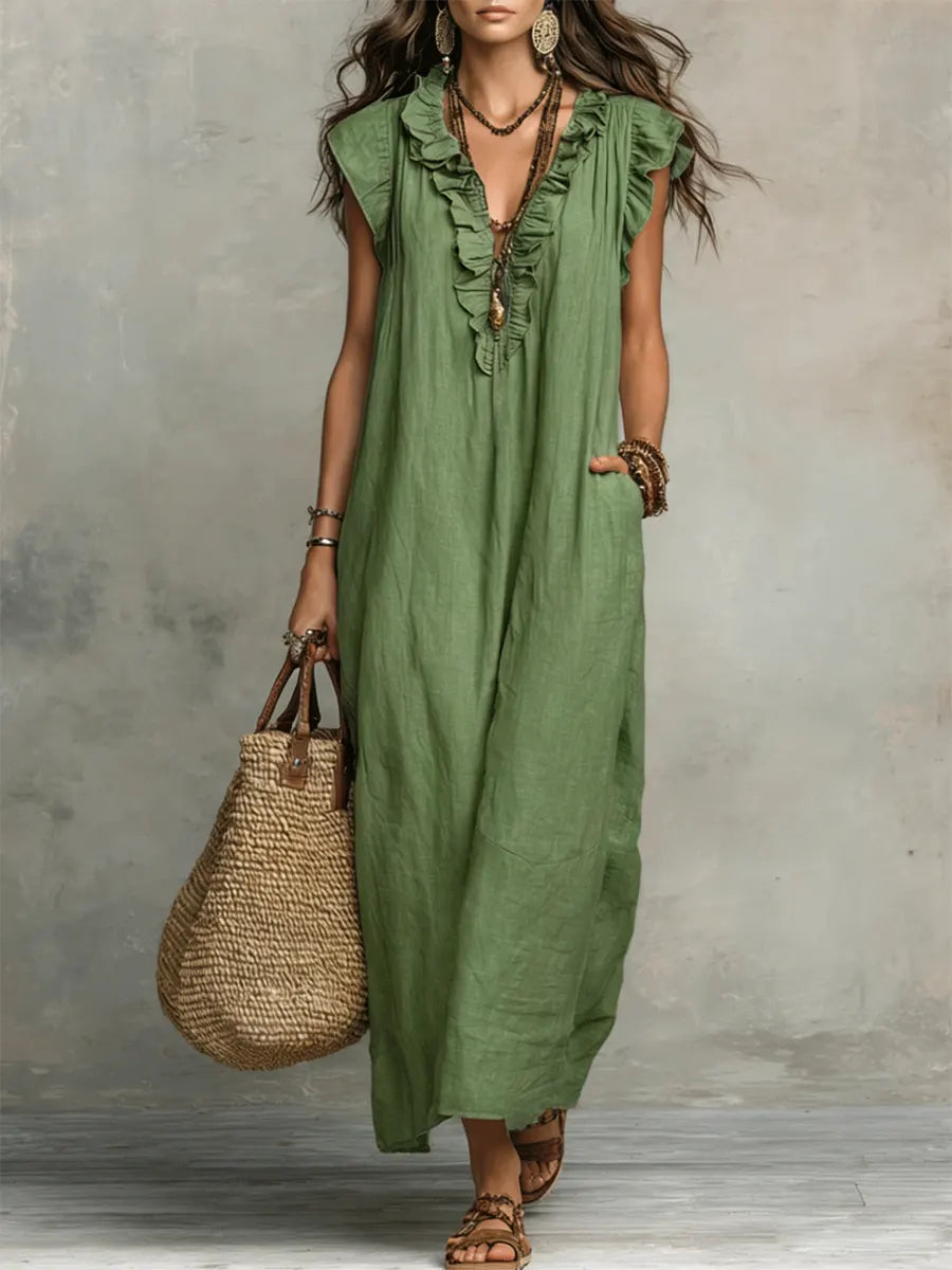 Femme Robe Maxi Boho sans Manches avec Col V à Volants et Poches