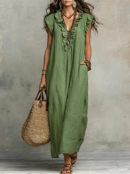 Femme Robe Maxi Boho sans Manches avec Col V à Volants et Poches