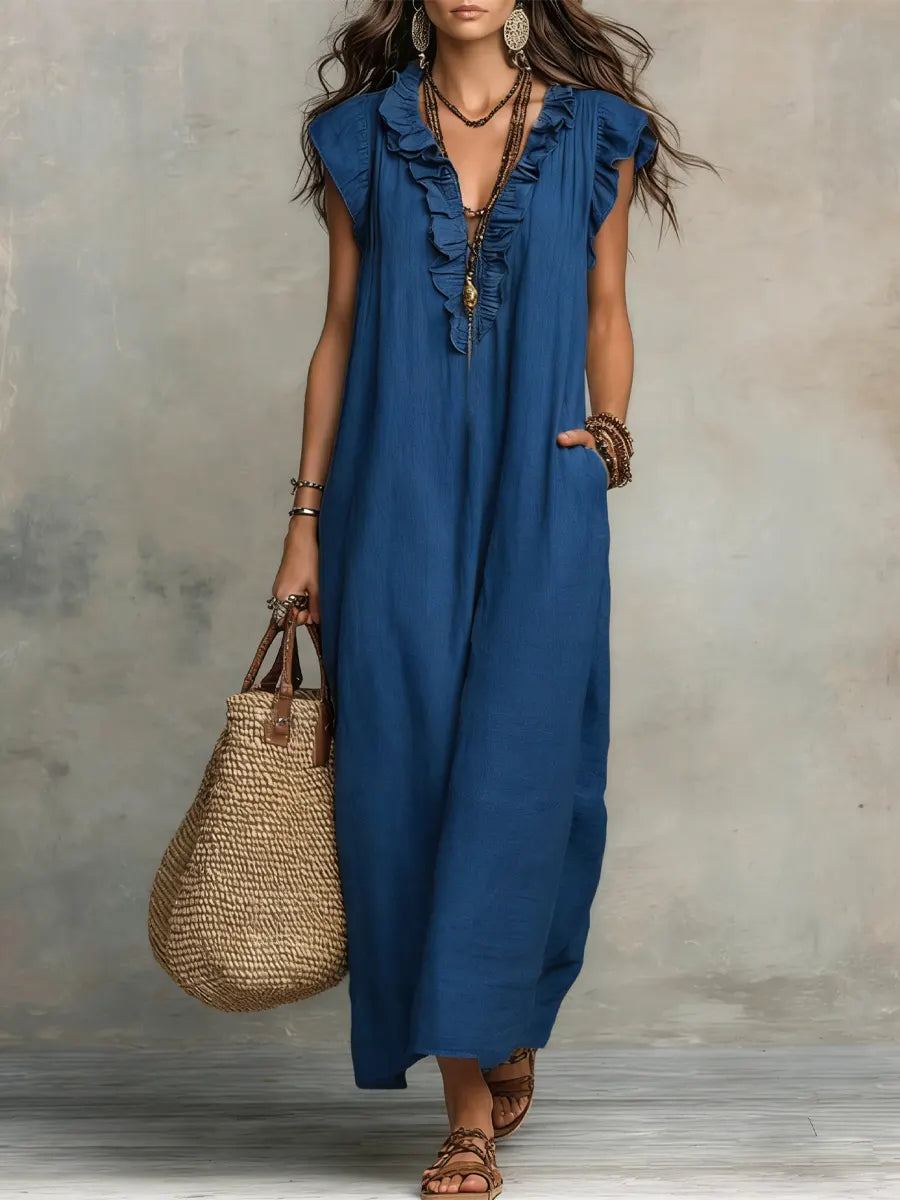 Femme Robe Maxi Boho sans Manches avec Col V à Volants et Poches