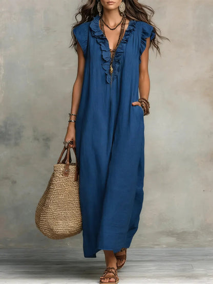 Femme Robe Maxi Boho sans Manches avec Col V à Volants et Poches