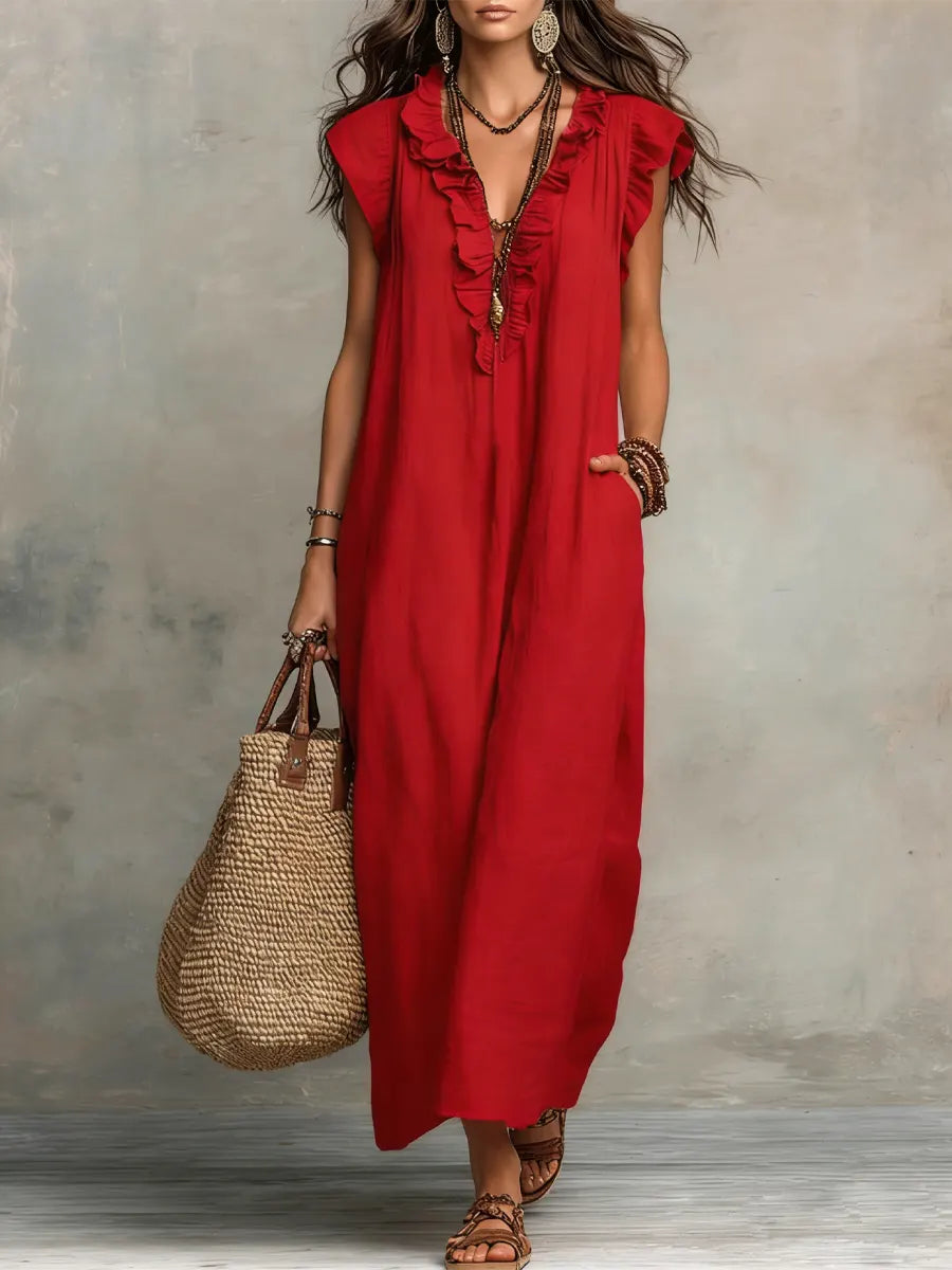 Femme Robe Maxi Boho sans Manches avec Col V à Volants et Poches