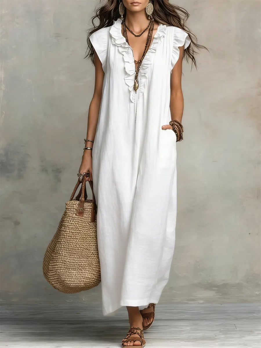 Femme Robe Maxi Boho sans Manches avec Col V à Volants et Poches