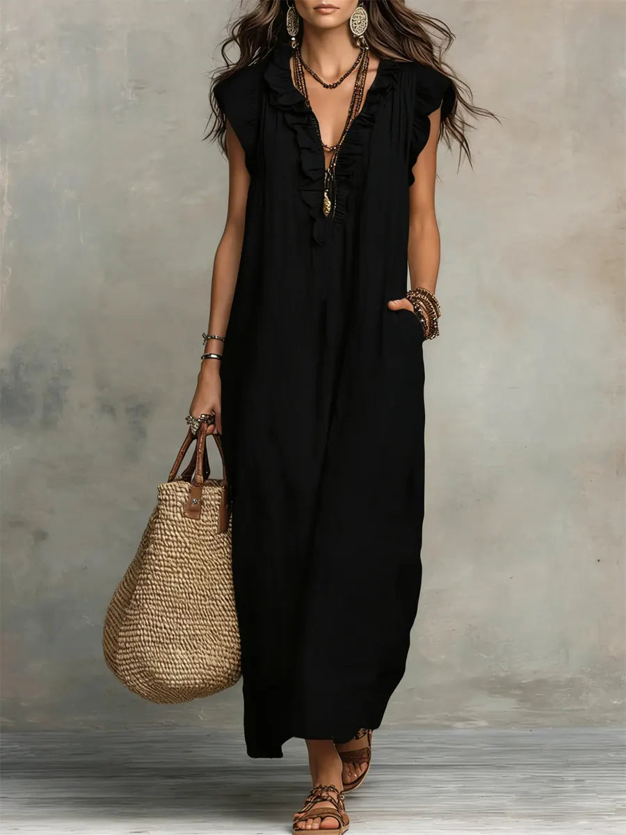 Femme Robe Maxi Boho sans Manches avec Col V à Volants et Poches