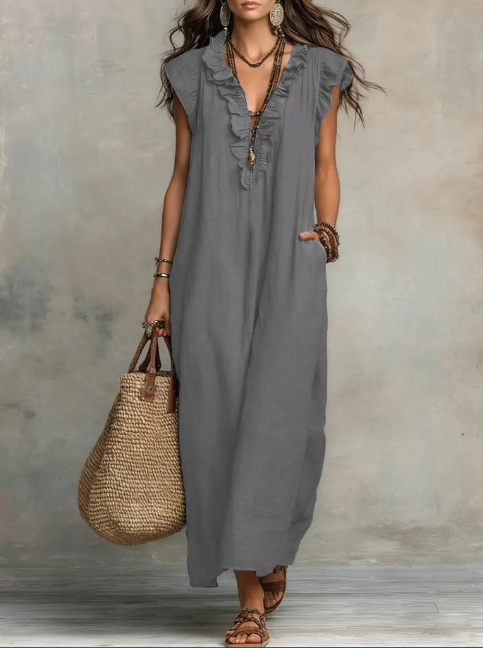 Femme Robe Maxi Boho sans Manches avec Col V à Volants et Poches