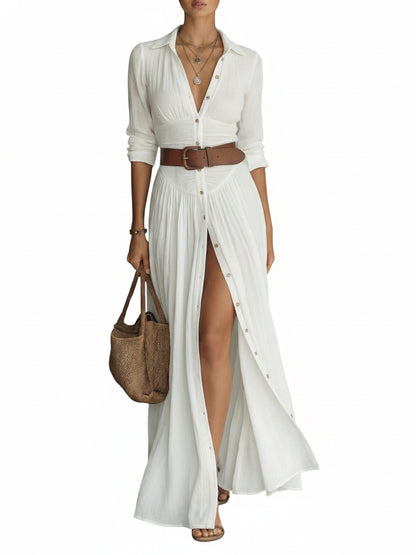 Femme Robe Maxi Chemise Boho Longue avec Col Chemisier, Boutons et Ceinture