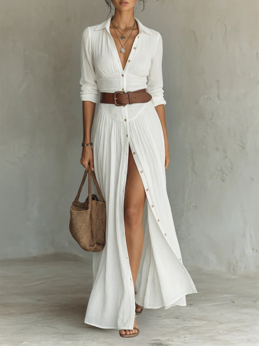 Femme Robe Maxi Chemise Boho Longue avec Col Chemisier, Boutons et Ceinture