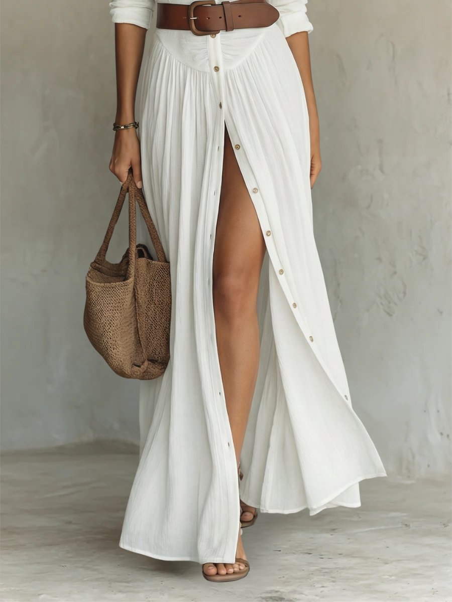 Femme Robe Maxi Chemise Boho Longue avec Col Chemisier, Boutons et Ceinture