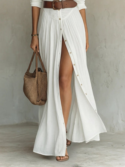 Femme Robe Maxi Chemise Boho Longue avec Col Chemisier, Boutons et Ceinture