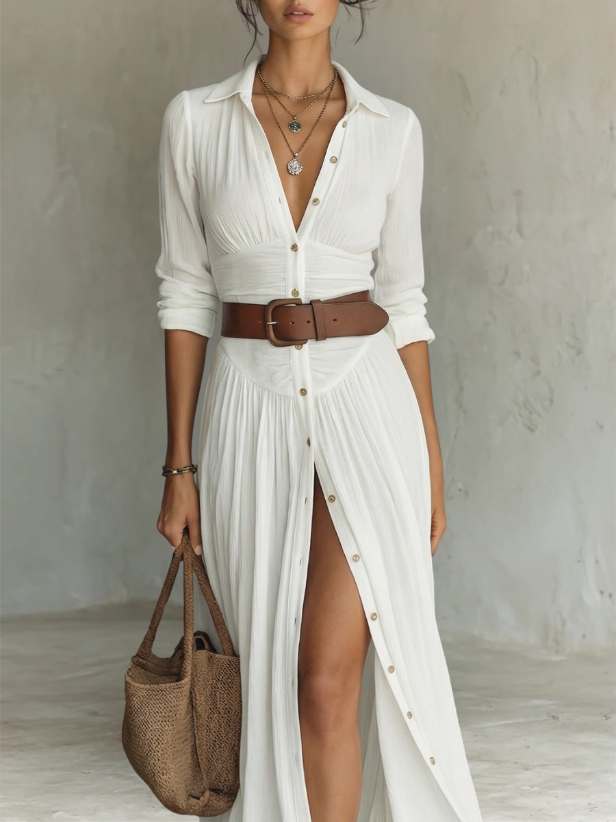 Femme Robe Maxi Chemise Boho Longue avec Col Chemisier, Boutons et Ceinture