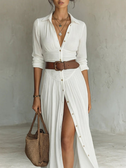 Femme Robe Maxi Chemise Boho Longue avec Col Chemisier, Boutons et Ceinture