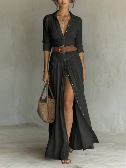 Femme Robe Maxi Chemise Boho Longue avec Col Chemisier, Boutons et Ceinture