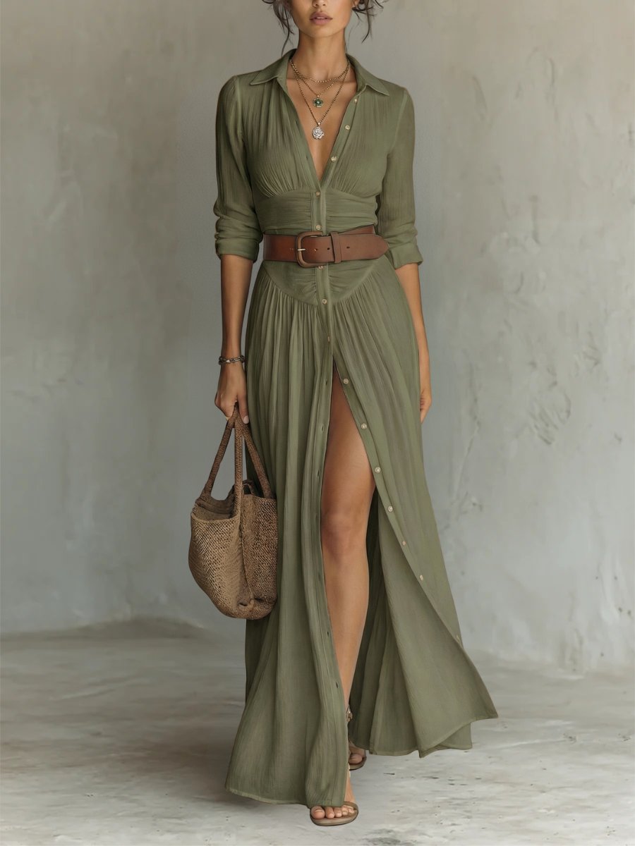 Femme Robe Maxi Chemise Boho Longue avec Col Chemisier, Boutons et Ceinture