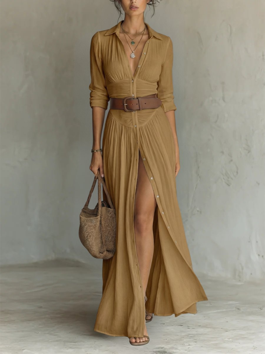 Femme Robe Maxi Chemise Boho Longue avec Col Chemisier, Boutons et Ceinture