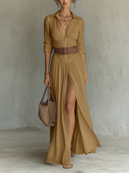 Femme Robe Maxi Chemise Boho Longue avec Col Chemisier, Boutons et Ceinture