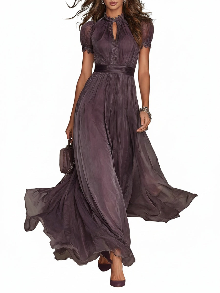 Femme Robe Maxi de Soirée Manches Courtes col Montant avec Ceinture et Détails en Dentelle