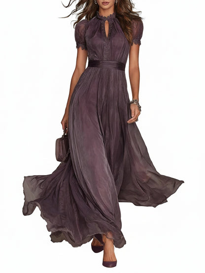 Femme Robe Maxi de Soirée Manches Courtes col Montant avec Ceinture et Détails en Dentelle