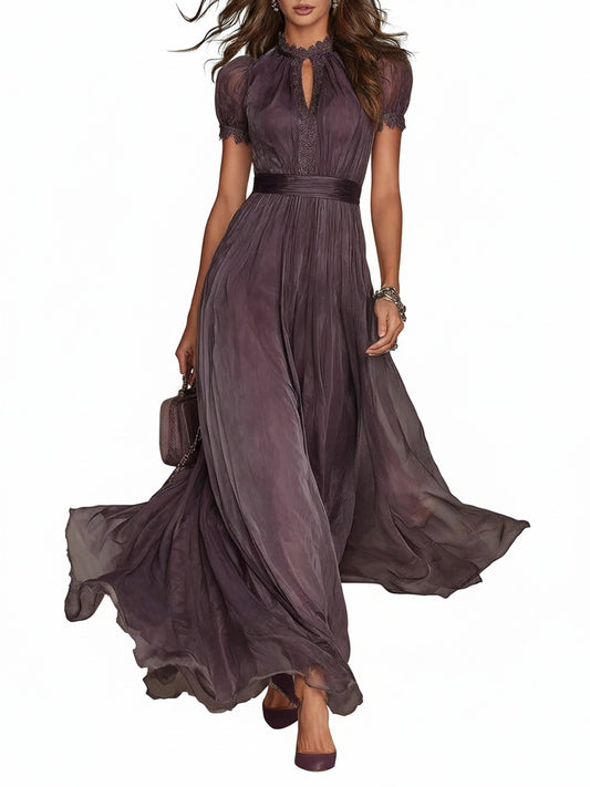 Femme Robe Maxi de Soirée Manches Courtes col Montant avec Ceinture et Détails en Dentelle