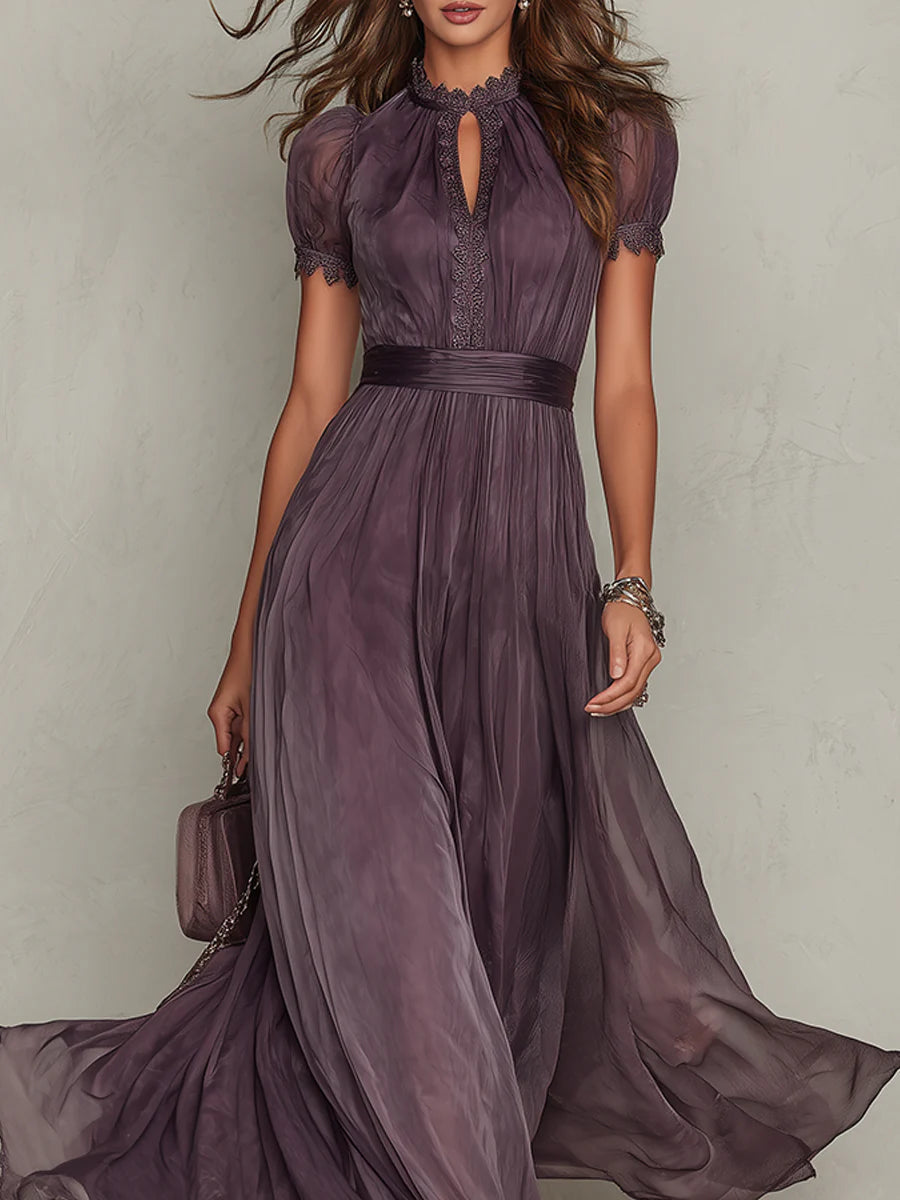 Femme Robe Maxi de Soirée Manches Courtes col Montant avec Ceinture et Détails en Dentelle