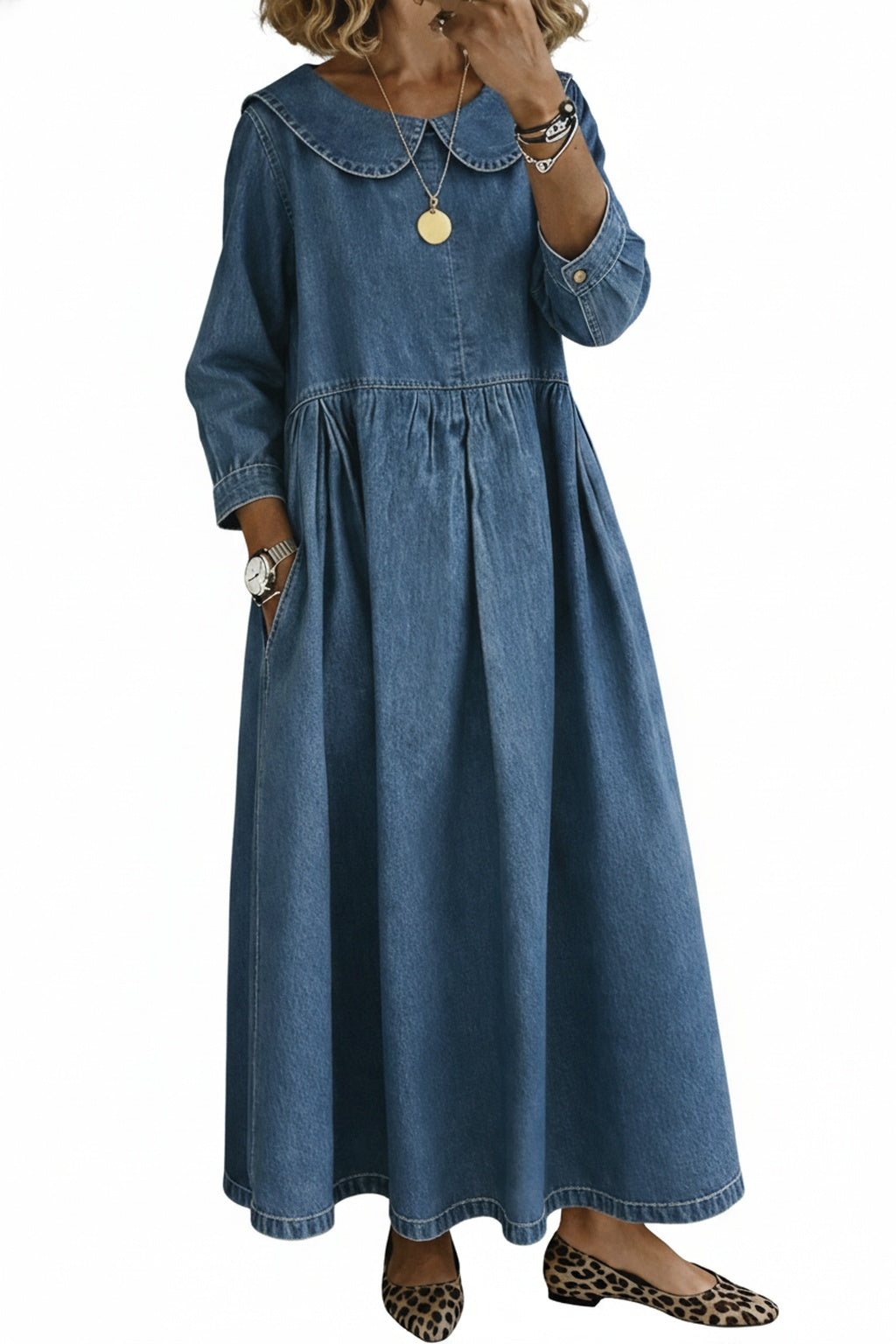 Femme Robe Maxi en Jean col Claudine Manches Longues avec Poches et Fronces