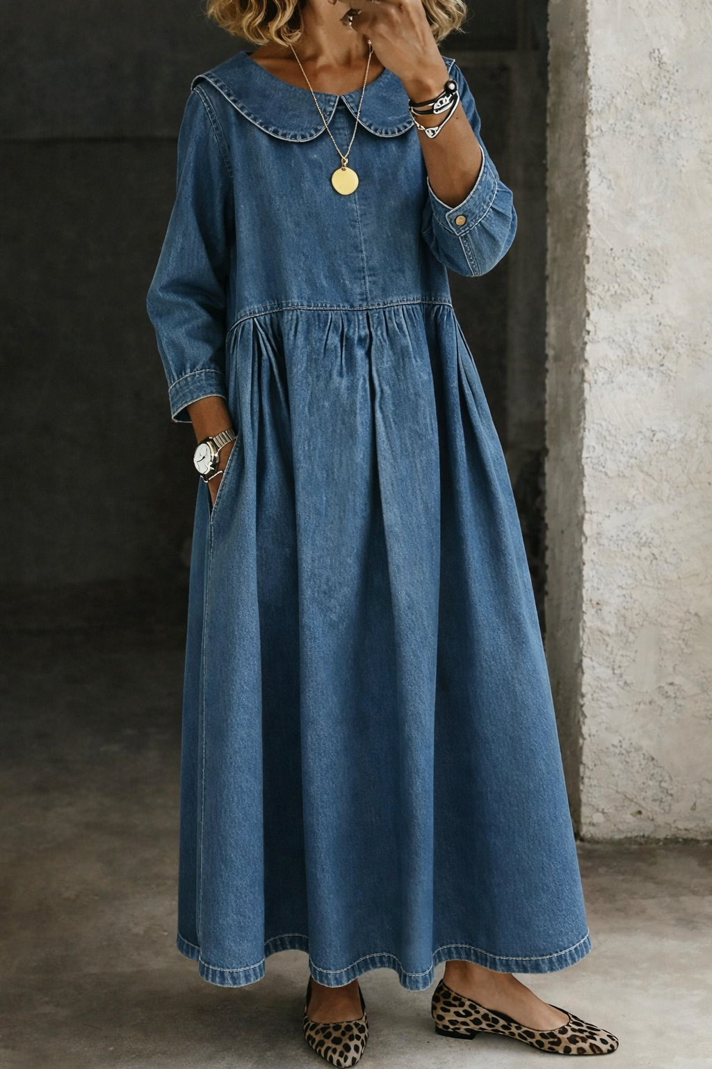 Femme Robe Maxi en Jean col Claudine Manches Longues avec Poches et Fronces