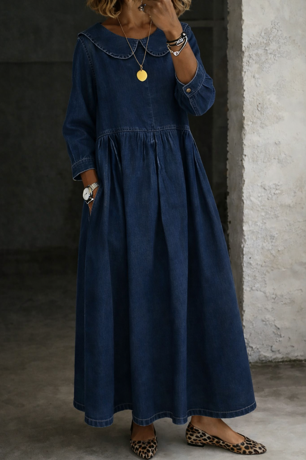 Femme Robe Maxi en Jean col Claudine Manches Longues avec Poches et Fronces