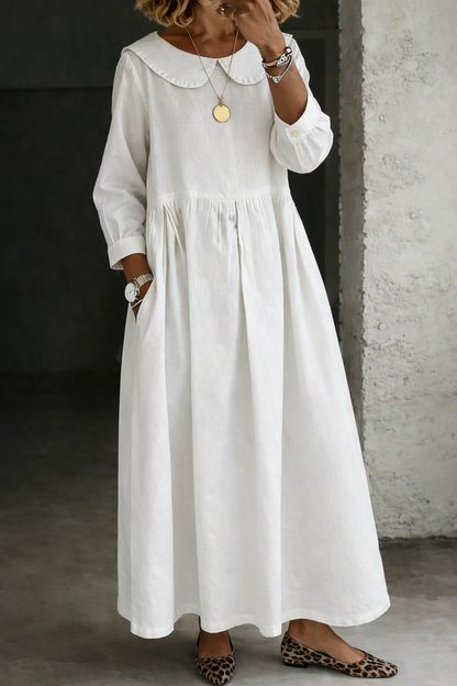 Femme Robe Maxi en Jean col Claudine Manches Longues avec Poches et Fronces